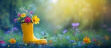 Yellow Rubber Boot With Spring Flowers Inside And Butterflies Around On Blurred Nature Spring Background, Concept Of The Arrival And Celebration Of Spring, Banner With Copyspace