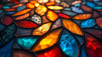 Fototapete - A contemporary stained glass window design featuring abstract, thorn-like patterns in a spectrum of light and color,
