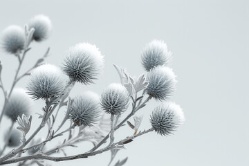 Poster - A modern, minimalist art piece featuring an oversized burdock plant with sleek metallic burrs against a stark white background,