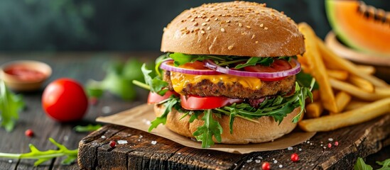 Wall Mural - Vegan sandwich with a vegetable and protein burger, flour bread, french fries, red onion, and melon, pepper and arugula.