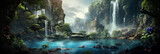 Fototapeta Natura - Fantasy landscape with waterfalls, panorama. Generative AI