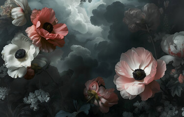 Wall Mural - flowers in black and white with dark clouds and dark 