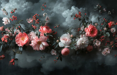 Wall Mural - flowers in black and white with dark clouds and dark 