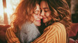 A touching moment of two women, sisters, hugging each other, conveying tenderness and comfort in a softly lit setting