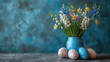 spring bouquet of lilies of the valley, forget-me-nots, hyacinths, muscari, daffodils, composition of Easter eggs, minimalism, studio, modern product photo, holiday, place for text, symbol, religious