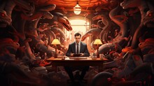 Illustration Of Man With Suit Surrounded By Monster Snakes.