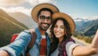  Eccentric, artsy couple captures a stylish selfie while embracing wanderlust on a road trip adventure