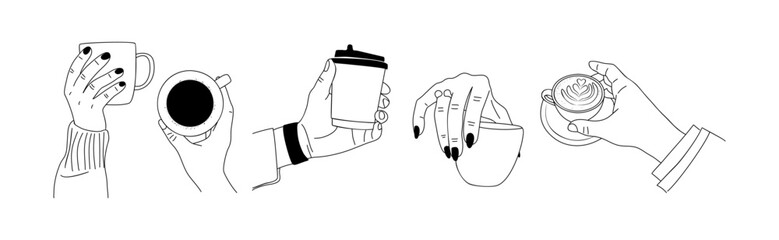 Set of different hands holding cups with coffee and tea, take away paper cups, porcelain cups, mugs. Collection of Hand drawn doodle line art vector illustrations isolated on transparent background.