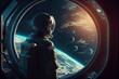 Astronaut looking out from the spaceship window in the space with galaxy background. Si-Fi astronaut digital art. This image elements furnished by NASA.
