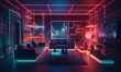 © Kyryl - Neon interior living room background. Glowing 3d purple cyber synthwave apartment with blank sofas and laser red shelves for comfortable relaxation and entertainment