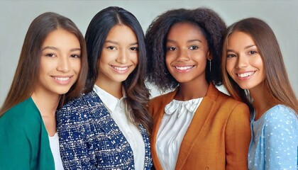 portrait of beautiful young women of different races and nationalities, stylish girls, friends 