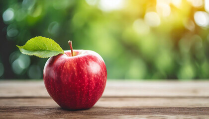 Wall Mural - red apple rests on table, backdrop of nature, with space for caption