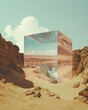 © Oskar Reschke - Mirror in the middle of the desert.  abstract cube in the desert against blue sky. Surreal desert landscape with a mirage of a crystal-clear oasis that deceives the viewer.