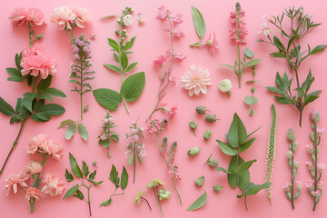 Wall Mural - pink flowers buds and leaves on a pink background top