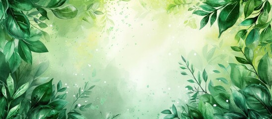 Wall Mural - Illustration watercolor lush green leaves on blur Background. AI generated image