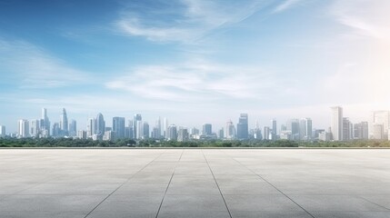 Concrete floor or slab, concept of car sale, auto, automobile, automotive  empty space or area in showroom, shop or store. Background design with blue sky and urban city for product display 