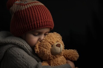  Peaceful Child Cuddles With Their Teddy Bear, Surrounded By Darkness