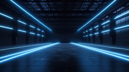 Wall Mural - Dark garage background, perspective view of warehouse in with led neon blue lighting. Modern design of large empty room, abstract space interior. Concept of show, industry, studio