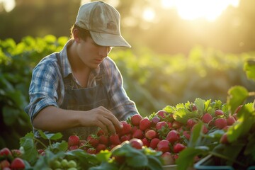 Young man farmer with strawberry harvest in the evening on the field.