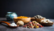 Traditional Chinese herbal medicine assortment: vibrant array of dried herbs and roots in wooden bowls, symbolizing holistic healing and natural remedies