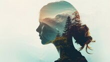 Double Exposure Illustration Of A Woman And Natural Earth Elements