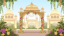 Indian Wedding Mandap Illustration, Traditional Theme With Floral Decor And Arch