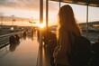 Red haired woman at the airport. Travel lifestyle. Women waiting for delayed flights in airport lounges stand with luggage watching the sunset