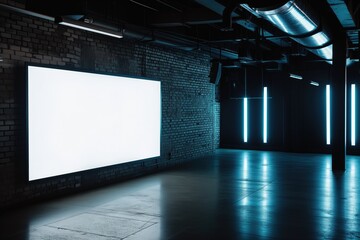 Wall Mural - Blank white screen on dark brick wall in empty hall with dark glossy concrete floor and fluorescent lamps on walls