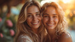 Mother and daughter with a great resemblance, together and happy, smiling. Celebrating family moments and genetic resemblance. Blurred background at sunset.