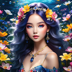 Wall Mural - As you explore the enchanting world of the Flower Fantasy Wonderland, you'll be mesmerized by the wondrous sight of a stunning young girl. Her gentle presence fills the air with a captivating allure, 