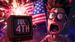 Comic-style character with a surprised, open-mouthed expression nearly forgetting USA Independence Day. Fireworks, flag, and a TV with 
