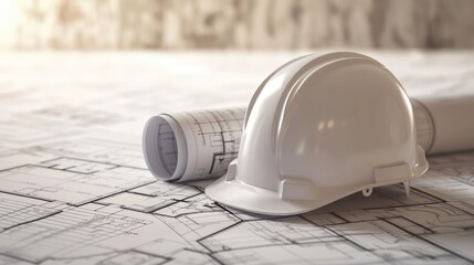 a white construction helmet tilts over a rolled-up blueprint, resting atop a flat blueprint