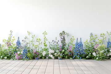 Wall Mural - wild flowers are placed in a row along a wooden floor