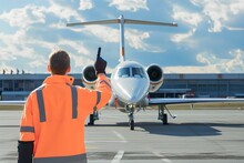 Man Parks The Plane At The Airport, Aircraft Marshal Signalling