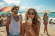 © Pinklife - A woman in a swimsuit top and sunglasses holds an ice cream cone while smiling at a man on a sunny beach, surrounded by water, umbrellas, and summer fashion