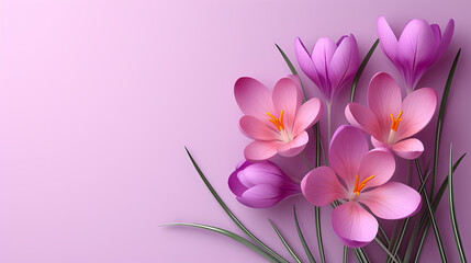 Wall Mural - greeting Card for 8 March with flowering crocuses. happy womens day, purple background