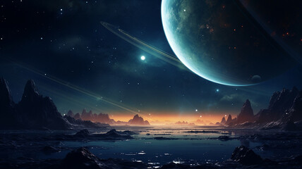 fantasy land with uninhabited surroundings of sharp rocks and dark lake. in the night sky planet ear