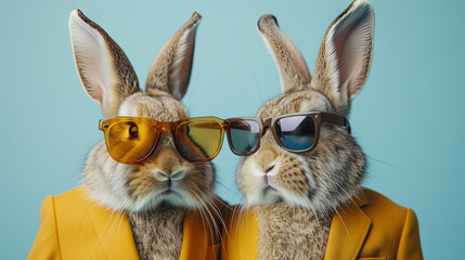 Wall Mural - Cute two rabbits in modern suit and sunglasses, easter bunny, light blue background 