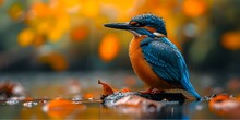 Vibrant Kingfisher Perched By Water Amidst Autumn Leaves. Wildlife Photography. Perfect For Nature Themes. AI