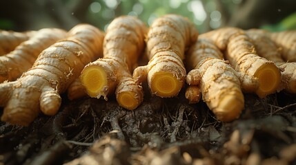 Stack of ginger on the ground in the forest background.