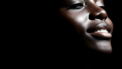  African woman thoughtfully smiles looking away. Dark-skinned young model radiates happiness in dimly lit space displaying toothy grin