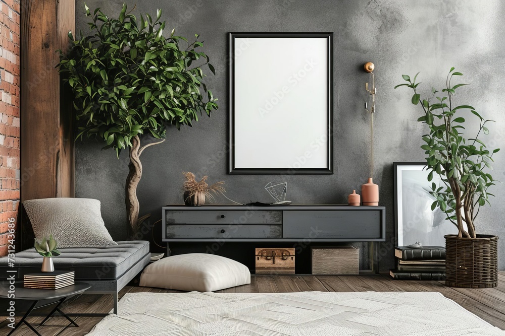 Grey gallery room with a modern interior design Featuring a drawer and ...