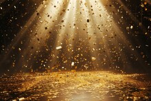 Golden Confetti Rain On A Festive Stage A Celebratory And Glamorous Scene A Luxurious And Radiant Mockup With Light Beams For Award Ceremonies And Product Presentations