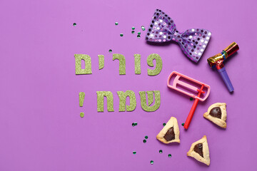 Wall Mural - Composition with text HAPPY PURIM, Hamantaschen cookies, bow and rattle on color background