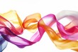 Freeze the motion of a cascading array of multicolored satin ribbons as they dance gracefully against a pristine white backdrop, encapsulating the scene with a crisp and contemporary flair