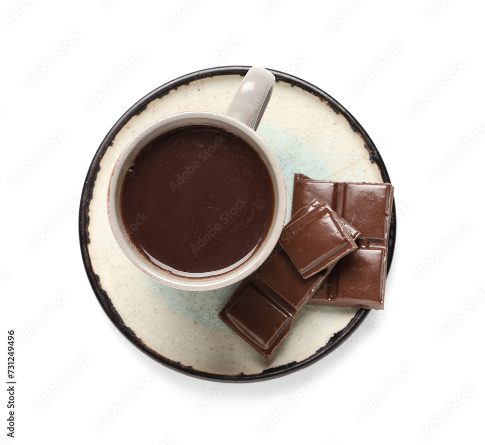 Plate with cup of tasty hot chocolate on white background