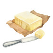 © lunata - Watercolor butter on a paper with knife and slice of butter. Hand drawn illustration perfect for cooking book and menu.