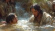 Jesus Baptizes a Man in a Pond. Generative AI.