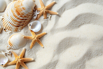 Wall Mural - Banner summer background with white sand. Seashell and starfish on the beach