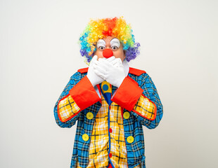 Wall Mural - Mr Clown. Portrait of Funny face Clown man in colorful uniform standing variety action. Happy expression male bozo in various pose on isolated background.